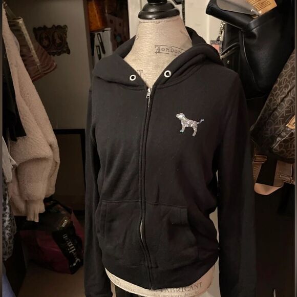 VS Med. Fashion show bling script black full zip up hoodie hooded sweatshirt htf - Picture 5 of 5